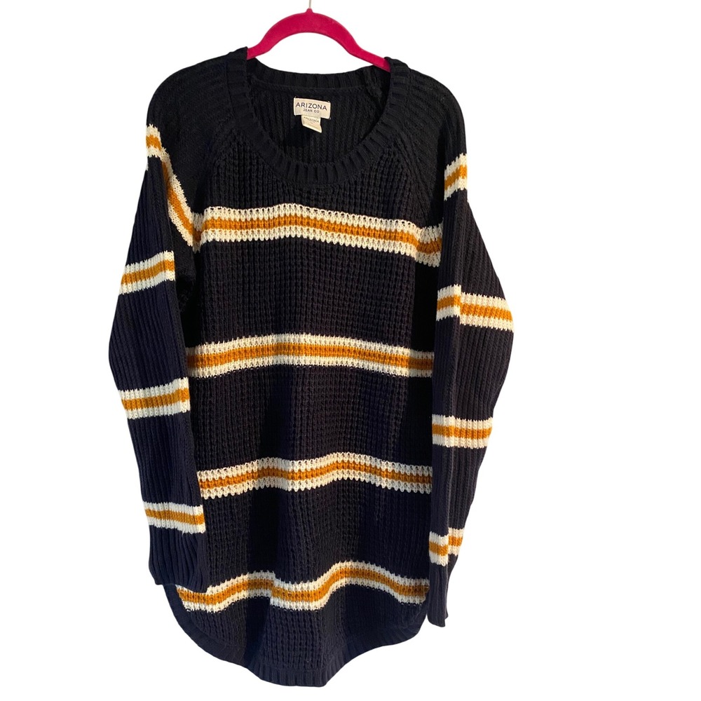 Arizona Jean Co Womens XL Navy Blue Gold White Striped Waffle Knit Sweater